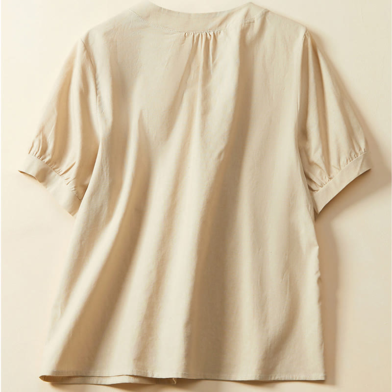 Buddha Stones Casual Plain Button Women's Short Sleeve Cotton Linen T-shirt - image 8