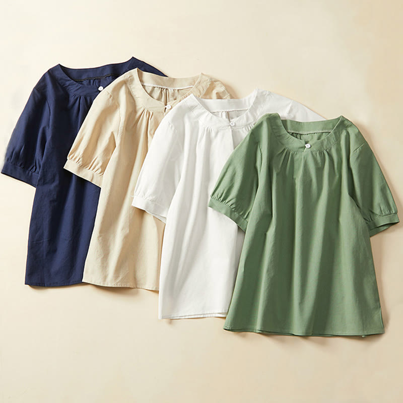 Buddha Stones Casual Plain Button Women's Short Sleeve Cotton Linen T-shirt - image 14
