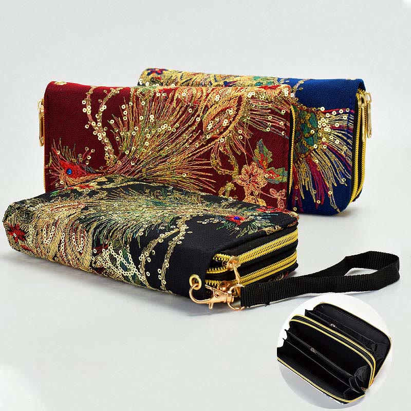 Foviel Peacock Double-sided Embroidery Cash Holder Wallet Shopping Purse