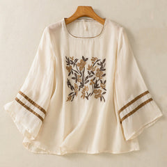 Buddha Stones Retro Embroidery Floral Three Quarter Sleeve Women's T-Shirt - Beige - US14，UK/AU18，EU46 (2XL) - image 0
