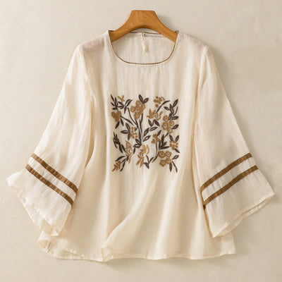 Buddha Stones Retro Embroidery Floral Three Quarter Sleeve Women's T-Shirt - Beige - US14，UK/AU18，EU46 (2XL) - image 0
