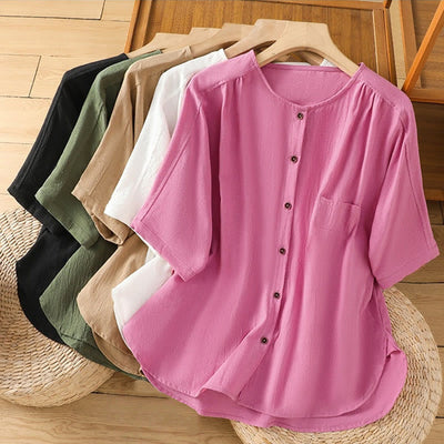 Buddha Stones Casual Plain Buttons Half Sleeve Women's Cotton Linen Shirt With Pocket - image 40