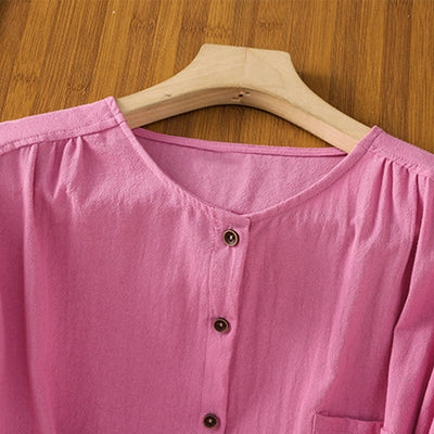 Buddha Stones Casual Plain Buttons Half Sleeve Women's Cotton Linen Shirt With Pocket - image 37