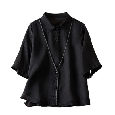 Buddha Stones Retro Plain Fake Two Pieces Button Half Sleeve Design Women's Cotton Linen Shirt - image 34