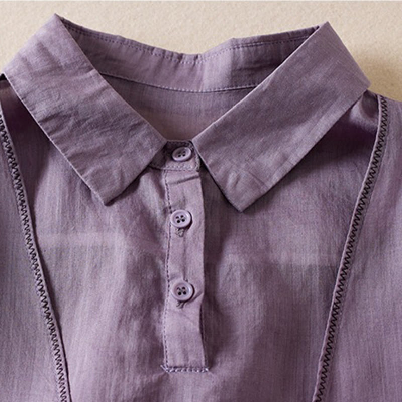 Buddha Stones Retro Plain Fake Two Pieces Button Half Sleeve Design Women's Cotton Linen Shirt - image 2