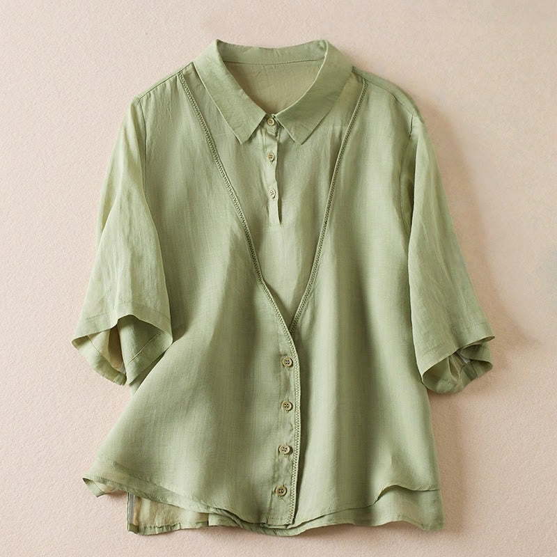 Buddha Stones Retro Plain Fake Two Pieces Button Half Sleeve Design Women's Cotton Linen Shirt - LightGreen - US12，UK/AU16，EU44 (2XL) - image 18