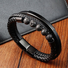 Buddha Stones Leather Titanium Steel Lava Rock Strengthen Buckle Bracelet - Black(Perimeter: 21cm) - image 1