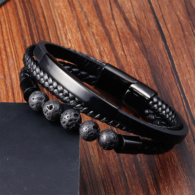 Buddha Stones Leather Titanium Steel Lava Rock Strengthen Buckle Bracelet - image 2