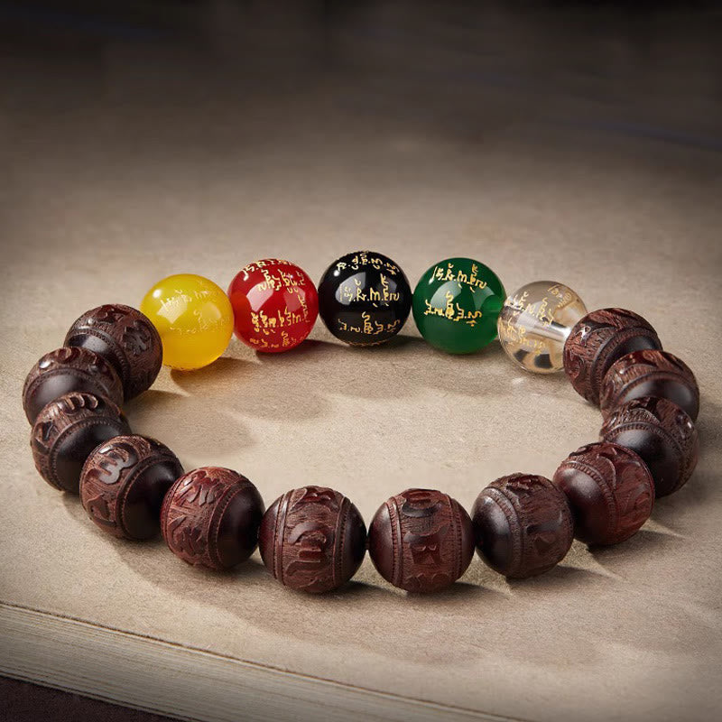 Foviel Small Leaf Red Sandalwood Five Directions Gods of Wealth Calm Bracelet