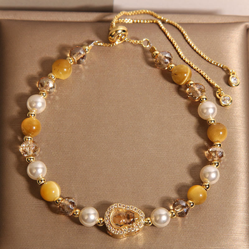 Buddha Stones Yellow Cat's Eye Stone Pearl Gourd Prosperity Bracelet - Yellow Cat's Eye & Pearl(Wrist Circumference: 14-18cm) - image 1
