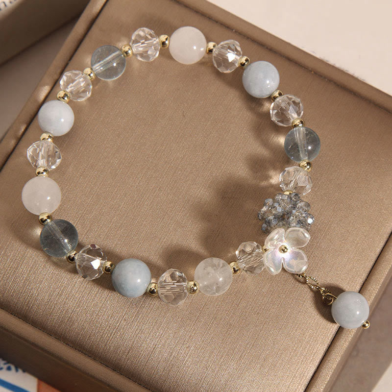 Buddha Stones Aquamarine Yellow Cat's Eye Stone Flower Peace Bracelet - image 2