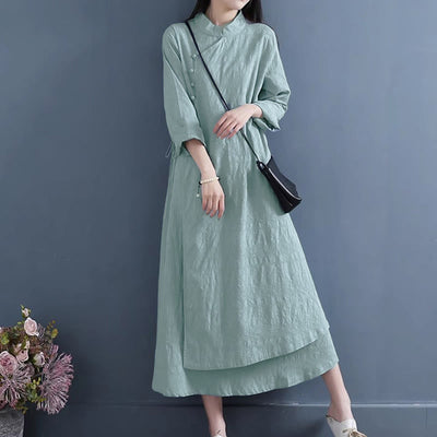 Foviel Frühling Casual Plain Frog-Button Design Seite Schnürung Midi Kleid