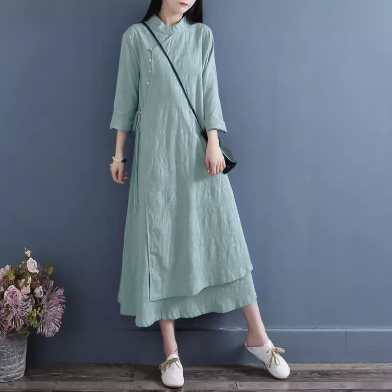 Foviel Frühling Casual Plain Frog-Button Design Seite Schnürung Midi Kleid