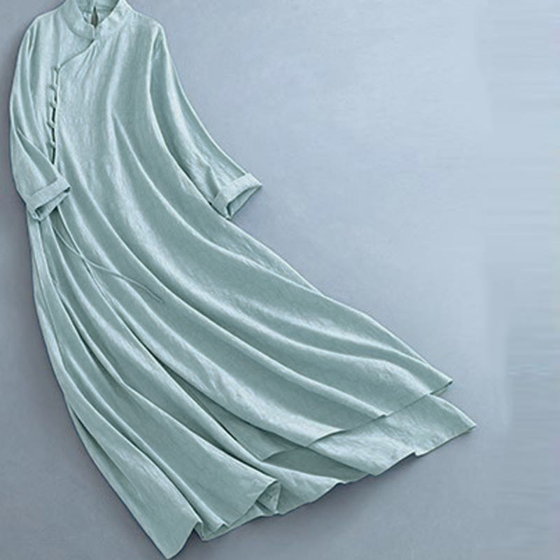 Foviel Frühling Casual Plain Frog-Button Design Seite Schnürung Midi Kleid