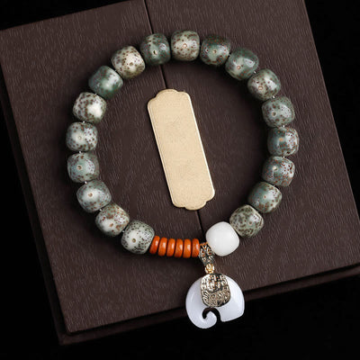 Buddha Stones Hand PolishedStar Moon Bodhi Seed Elephant Pattern Inner Peace Bracelet - Green Star Moon Bodhi Seed & White Elephant(Wrist Circumference: 14-16cm) - image 15
