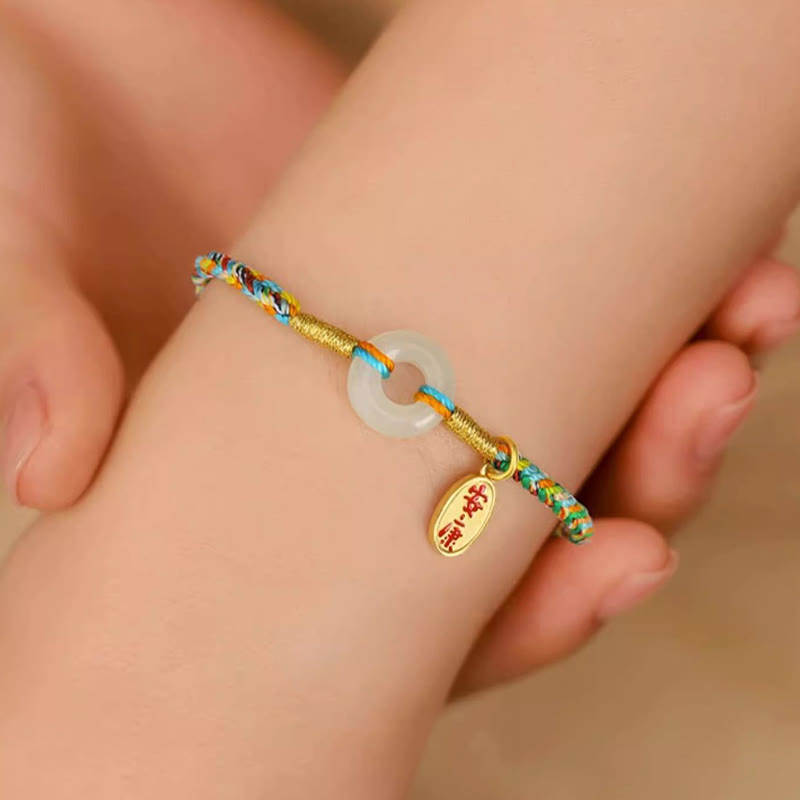Buddha Stones Handmade Peace Buckle Jade Prosperity 925 Sterling Silver Colorful Rope Bracelet - image 3