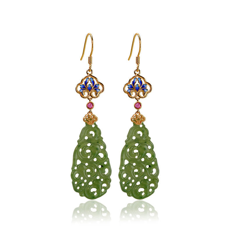 Buddha Stones Hollow Hetian Jade Enamel 925 Sterling Silver Prosperity Earrings - image 9