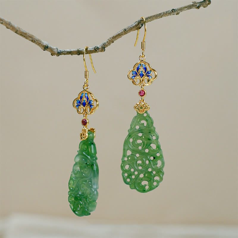 Buddha Stones Hollow Hetian Jade Enamel 925 Sterling Silver Prosperity Earrings - image 12