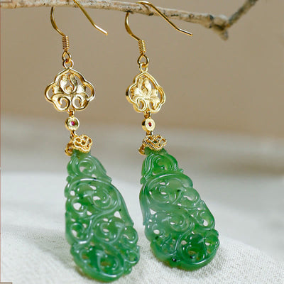 Buddha Stones Hollow Hetian Jade Enamel 925 Sterling Silver Prosperity Earrings - image 2