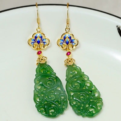 Buddha Stones Hollow Hetian Jade Enamel 925 Sterling Silver Prosperity Earrings - image 10