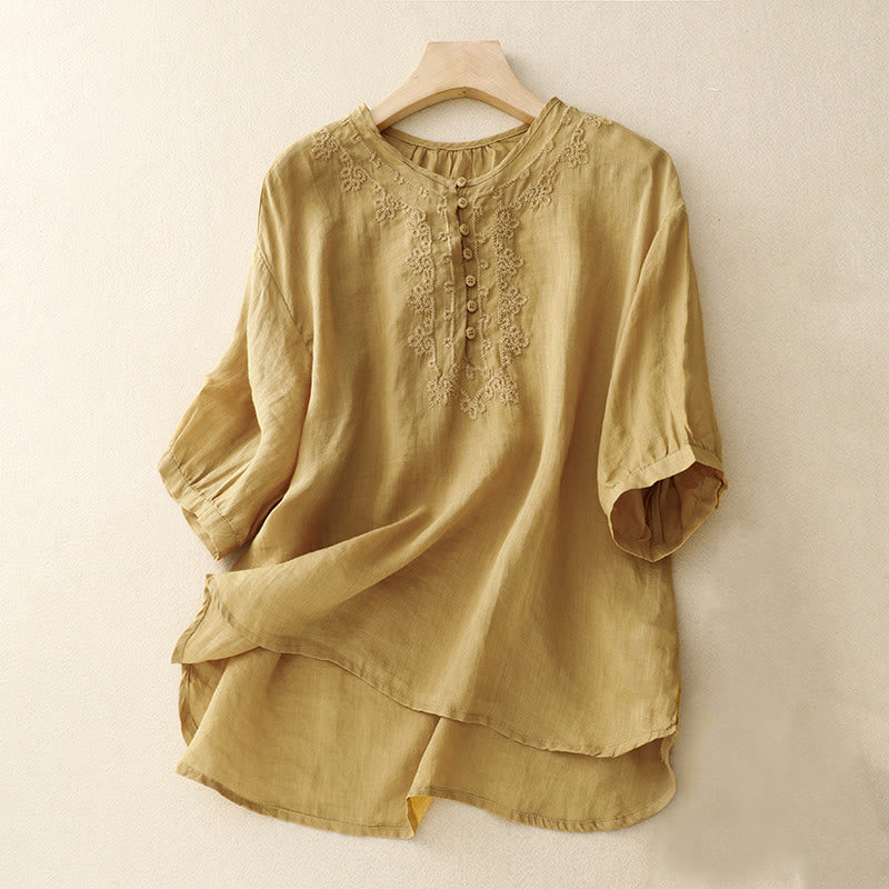 Buddha Stones Line Embroidery Button Crew Neck Half Sleeve Women's Cotton Shirt - Goldenrod - US14，UK/AU18，EU46 (2XL) - image 18