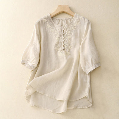 Buddha Stones Line Embroidery Button Crew Neck Half Sleeve Women's Cotton Shirt - Linen - US14，UK/AU18，EU46 (2XL) - image 6