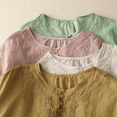 Buddha Stones Line Embroidery Button Crew Neck Half Sleeve Women's Cotton Shirt - image 20