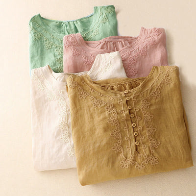 Buddha Stones Line Embroidery Button Crew Neck Half Sleeve Women's Cotton Shirt - image 19