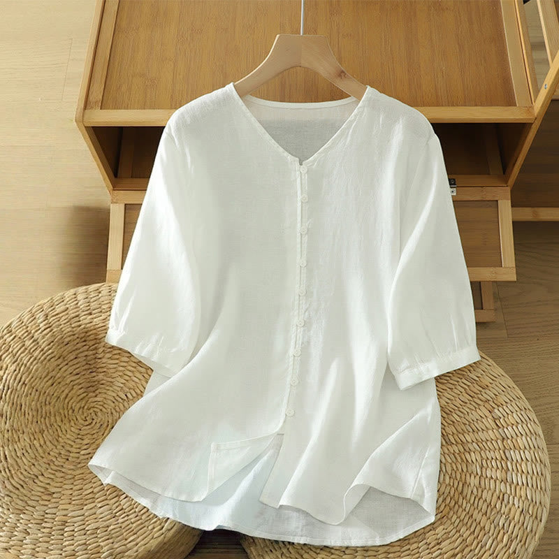 Buddha Stones Solid Buttons V-Neck Half Sleeve Women's Shirt - White - US12，UK/AU16，EU44 (2XL) - image 7
