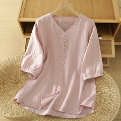 Buddha Stones Solid Buttons V-Neck Half Sleeve Women's Shirt - LightPink - US12，UK/AU16，EU44 (2XL) - image 1