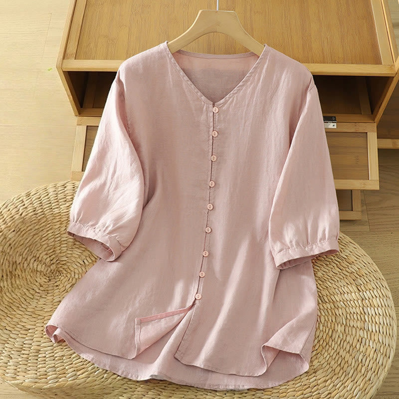 Buddha Stones Solid Buttons V-Neck Half Sleeve Women's Shirt - LightPink - US12，UK/AU16，EU44 (2XL) - image 1