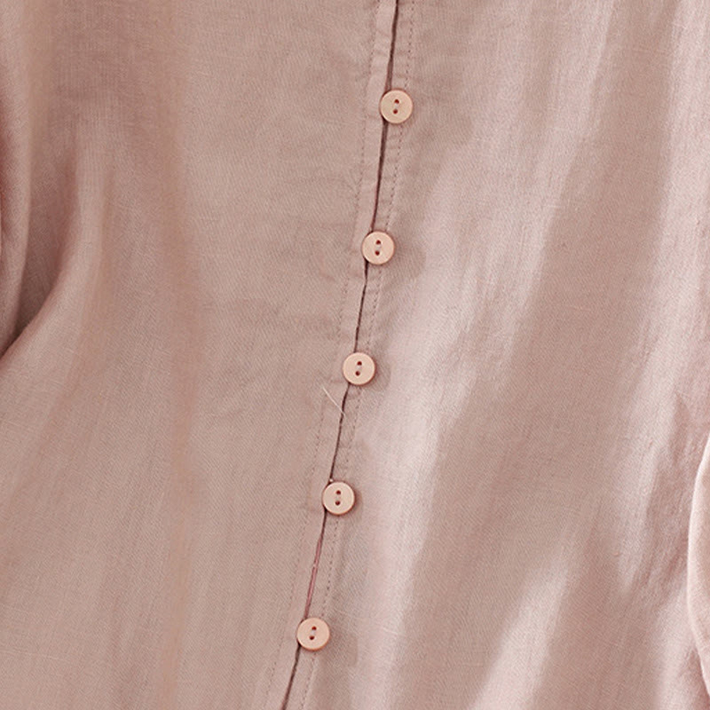 Buddha Stones Solid Buttons V-Neck Half Sleeve Women's Shirt - image 4