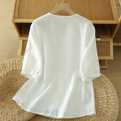 Buddha Stones Solid Buttons V-Neck Half Sleeve Women's Shirt - image 8