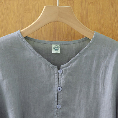 Buddha Stones Solid Buttons V-Neck Half Sleeve Women's Shirt - image 23