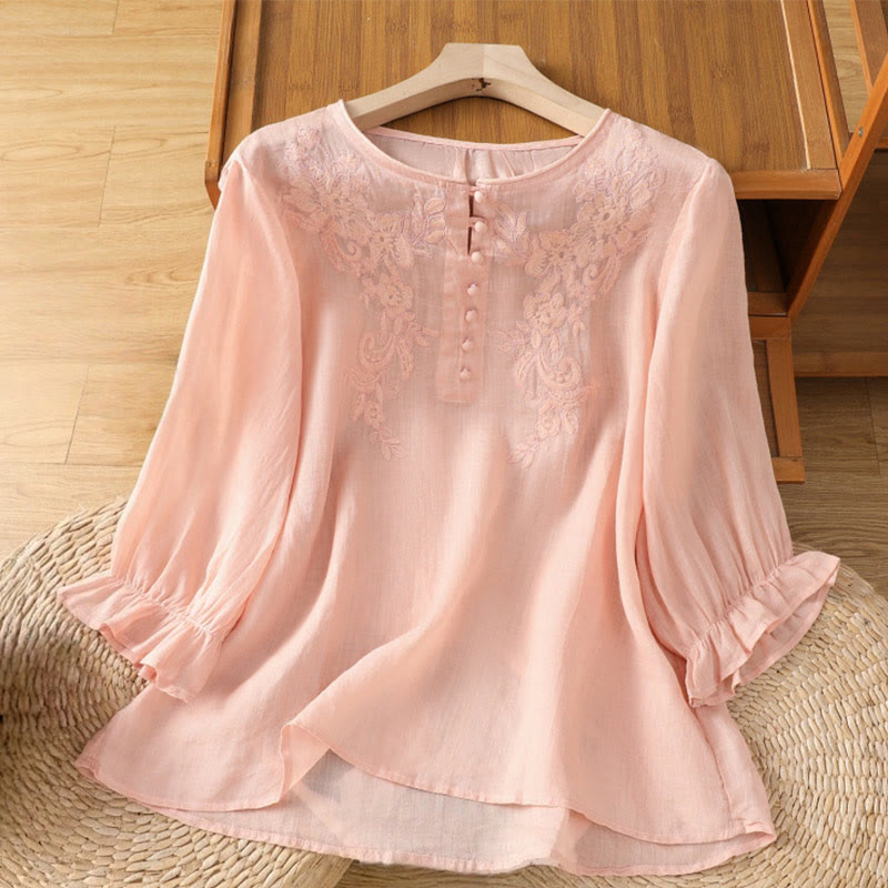 Buddha Stones Flower Vines Embroidery Button Crew Neck Three Quarter Sleeve Women's Cotton Shirt - LightPink - US12，UK/AU16，EU44 (2XL) - image 18