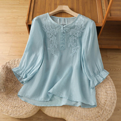 Buddha Stones Flower Vines Embroidery Button Crew Neck Three Quarter Sleeve Women's Cotton Shirt - LightBlue - US12，UK/AU16，EU44 (2XL) - image 26