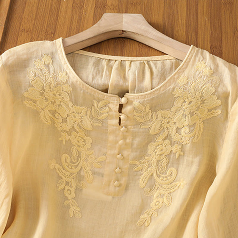 Buddha Stones Flower Vines Embroidery Button Crew Neck Three Quarter Sleeve Women's Cotton Shirt - image 5