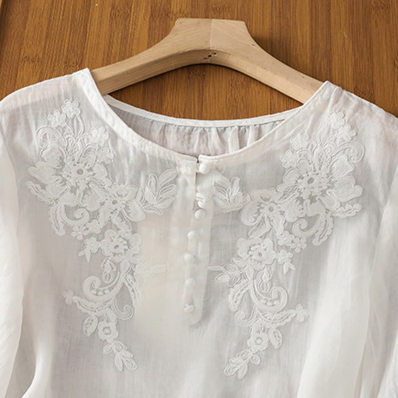Buddha Stones Flower Vines Embroidery Button Crew Neck Three Quarter Sleeve Women's Cotton Shirt - image 12