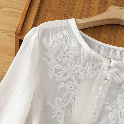 Buddha Stones Flower Vines Embroidery Button Crew Neck Three Quarter Sleeve Women's Cotton Shirt - image 14