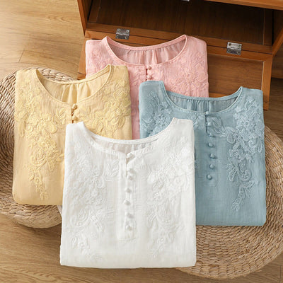 Buddha Stones Flower Vines Embroidery Button Crew Neck Three Quarter Sleeve Women's Cotton Shirt - image 34