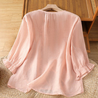 Buddha Stones Flower Vines Embroidery Button Crew Neck Three Quarter Sleeve Women's Cotton Shirt - image 19