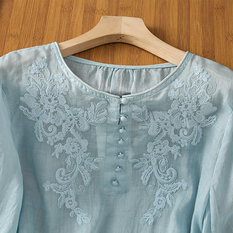 Buddha Stones Flower Vines Embroidery Button Crew Neck Three Quarter Sleeve Women's Cotton Shirt - image 28