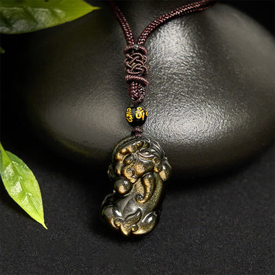 Buddha Stones Gold Sheen Obsidian PiXiu Wealth Rope Necklace Pendant - image 2