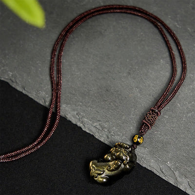 Buddha Stones Gold Sheen Obsidian PiXiu Wealth Rope Necklace Pendant - image 4