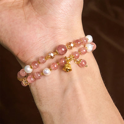 Buddha Stones Natural Strawberry Quartz Pearl Bell Healing Double Wrap Bracelet - image 5