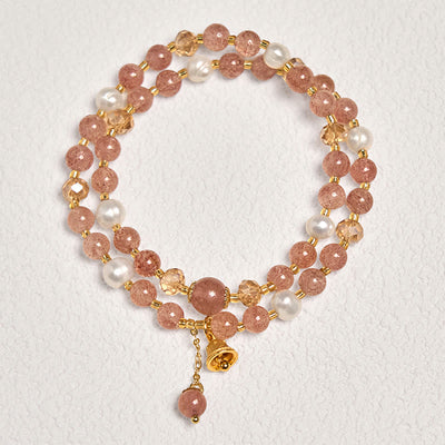 Buddha Stones Natural Strawberry Quartz Pearl Bell Healing Double Wrap Bracelet - image 2