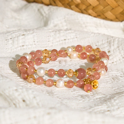 Buddha Stones Natural Strawberry Quartz Pearl Bell Healing Double Wrap Bracelet - image 3