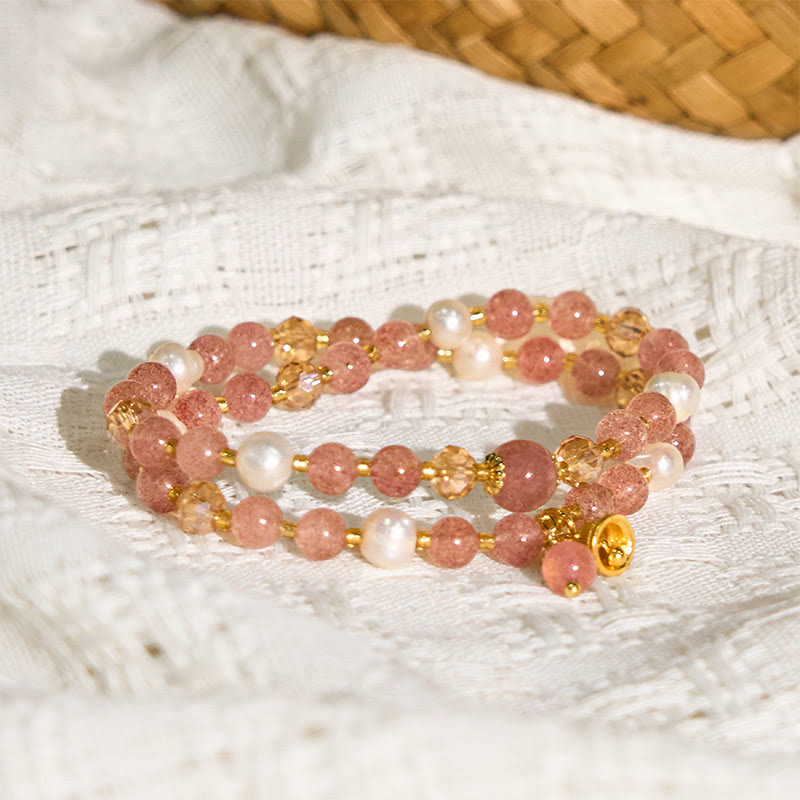 Buddha Stones Natural Strawberry Quartz Pearl Bell Healing Double Wrap Bracelet - image 3