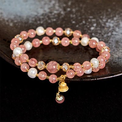 Buddha Stones Natural Strawberry Quartz Pearl Bell Healing Double Wrap Bracelet - Strawberry Quartz(Wrist Circumference 14-15cm) - image 1