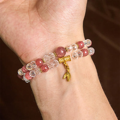 Buddha Stones Natural Strawberry Quartz Crystal Bamboo Positive Double Wrap Bracelet - image 5